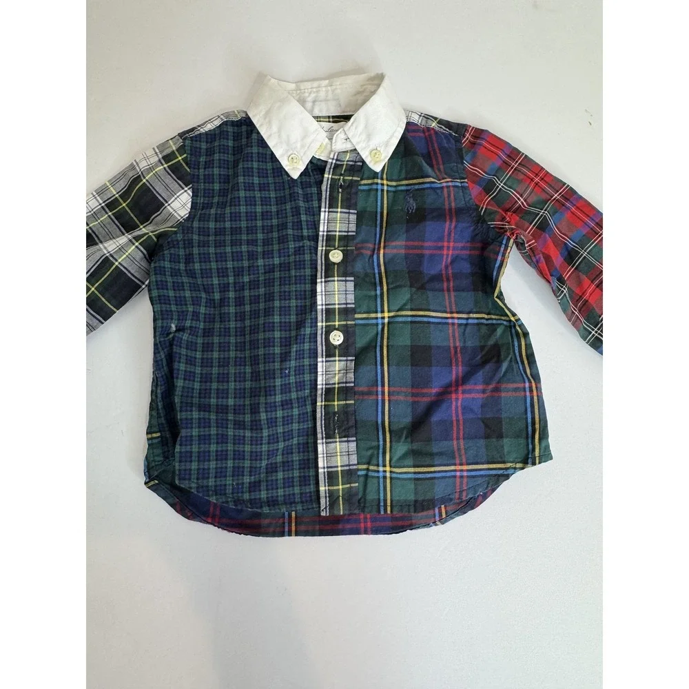 Ralph‎ Lauren Baby Shirt 6M Patchwork Plaid Long Sleeve Button Down Cotton Top